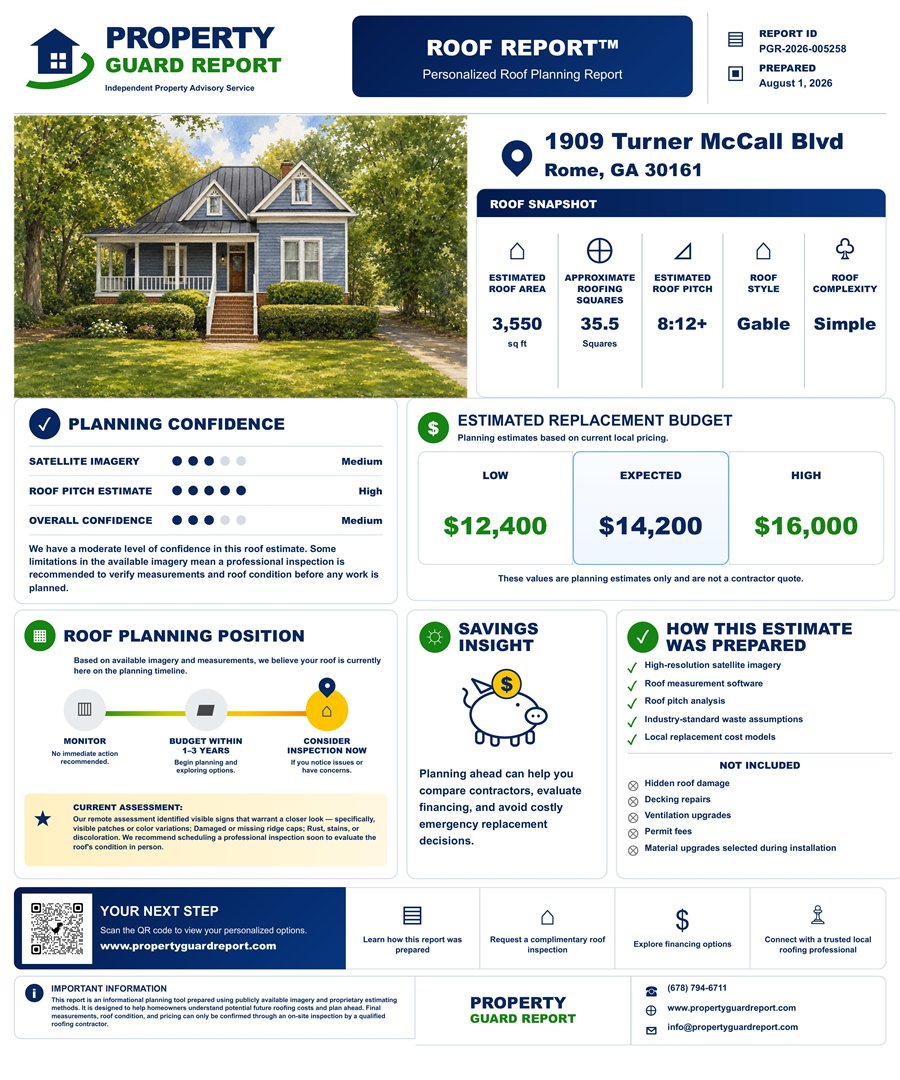 Sample Property Guard Report for a home,
                            showing the roof snapshot, planning confidence
                            rating, and estimated replacement budget